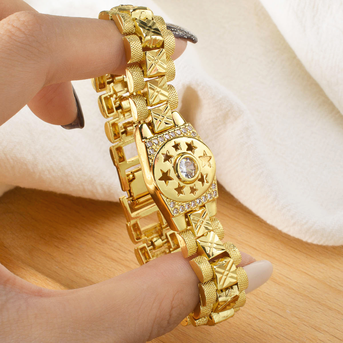 Middle Eastern Directional Zirconia Hollow Starburst Watch Chain Bracelet
